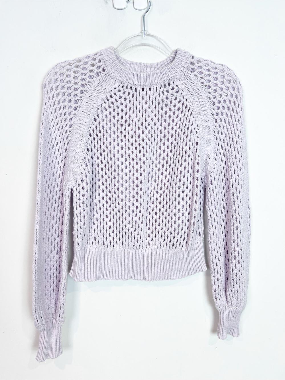 BISHOP + YOUNG LAVENDER PURPLE OPEN WEAVE CROCHET SWEATER SZ XS